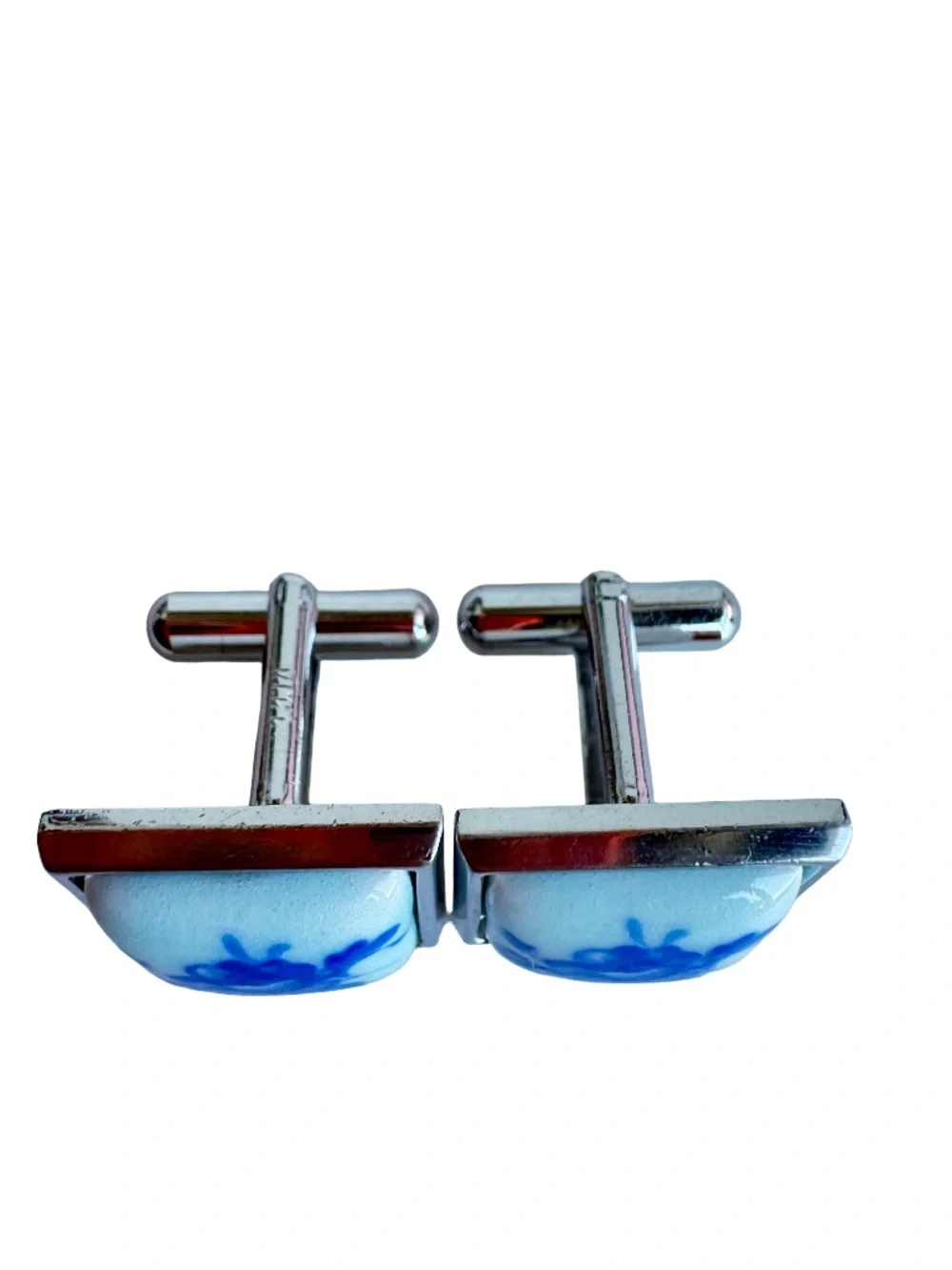 Vintage Japanese Blue White Porcelain Cufflinks Tie Clip Set Floral Signed GQA